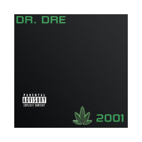 Copertina originale tutta nera dell'album 2001 di Dr. Dre con piccola foglia di Marijuana vicino al titolo